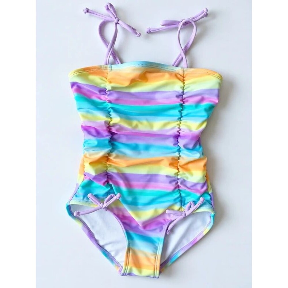 Cat & Jack Girls Dreamy Striped One Piece Swimsuit XS 4/5 Rainbow Ruched